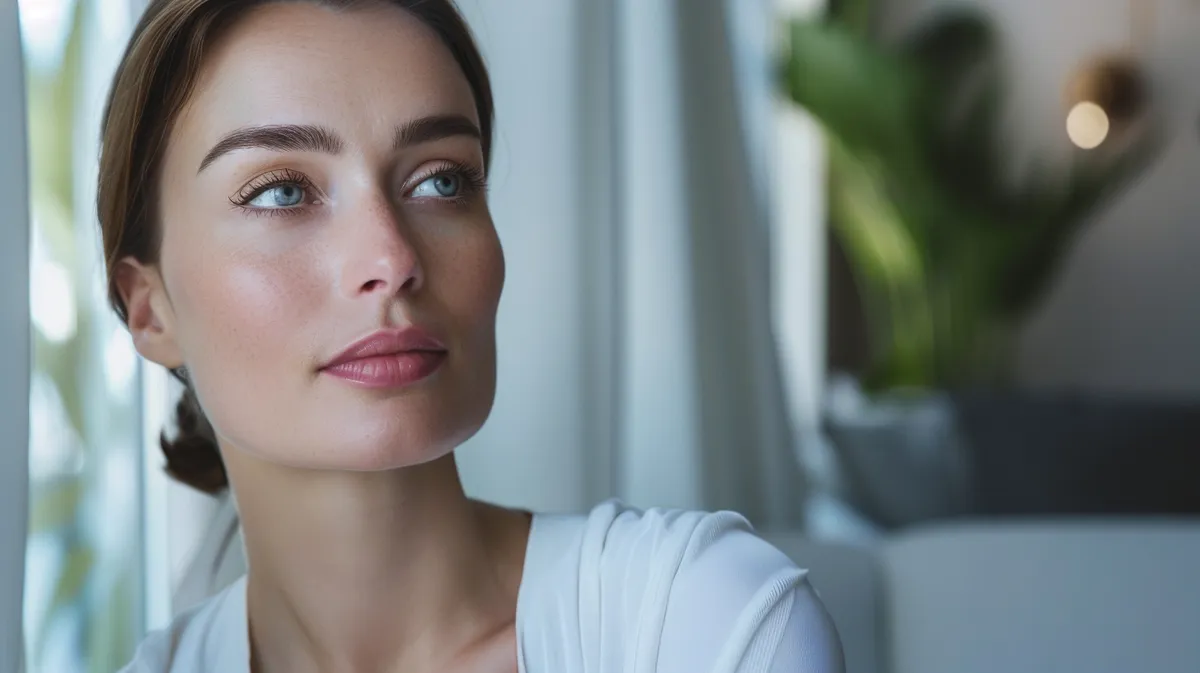 A person reflecting calmly in a bright, comfortable setting
